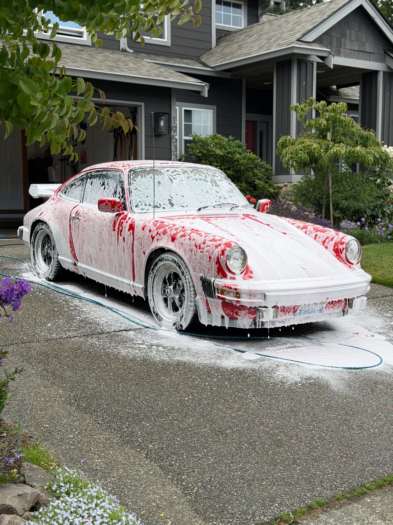 Classic Porsche covered in foam during a careful exterior hand wash